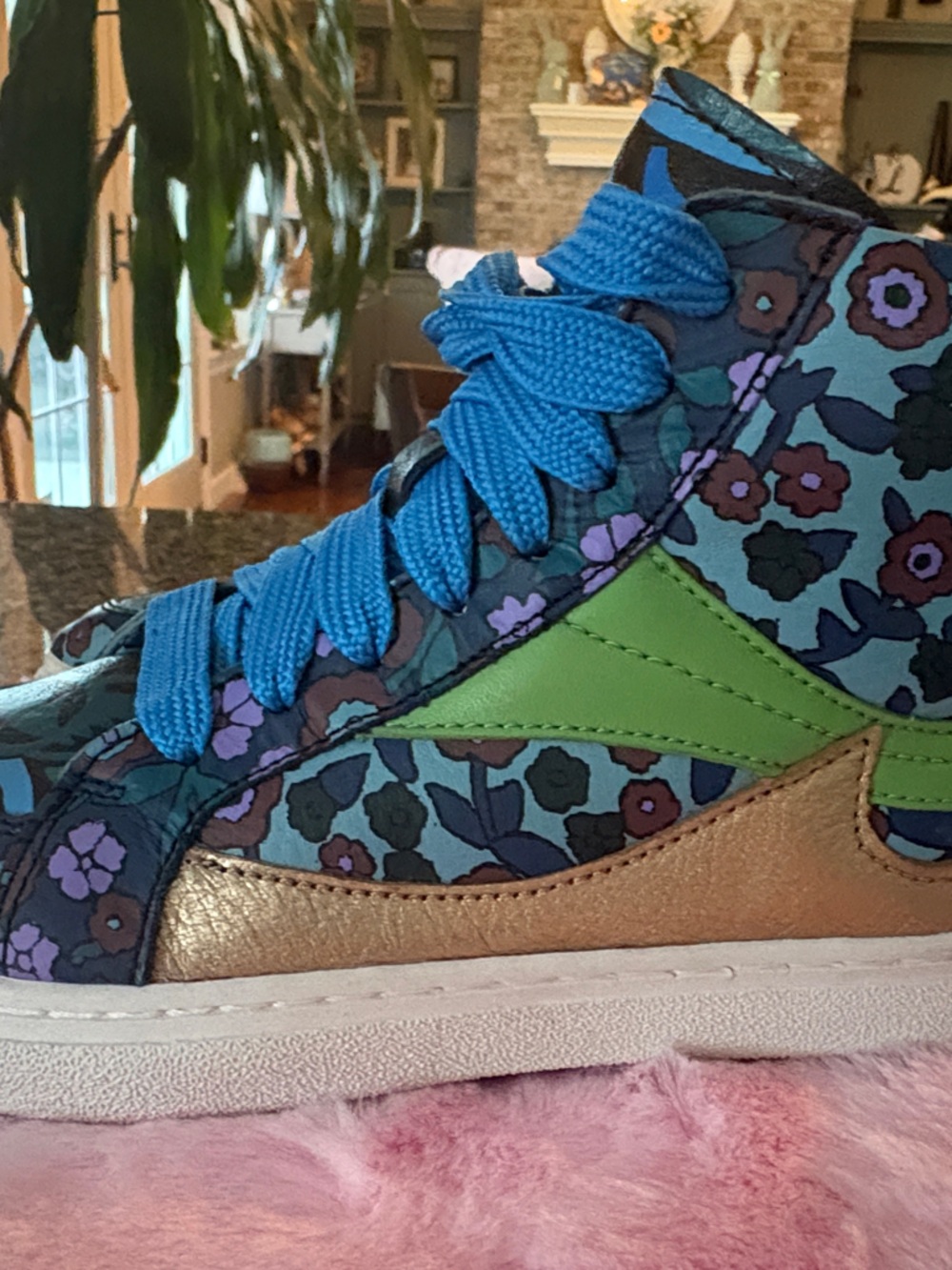 Coach Blue Floral High-Top Sneaker with Green & Gold Panels